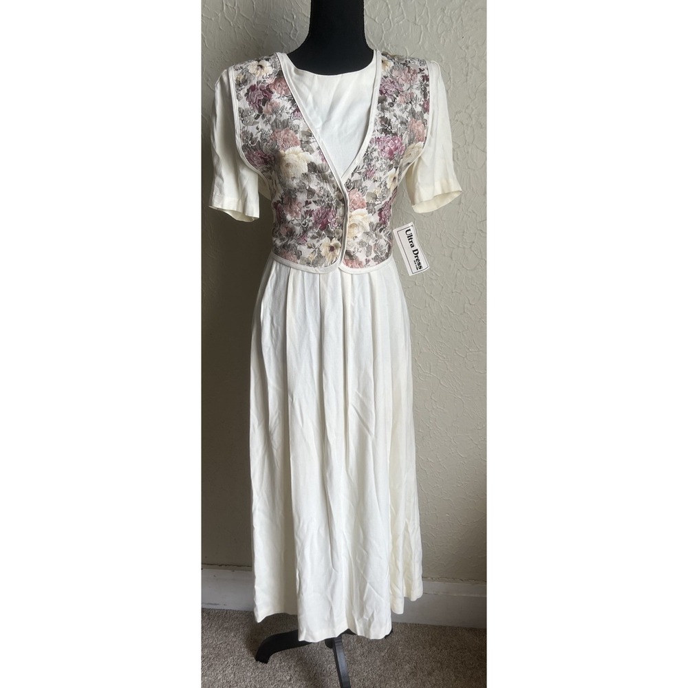 Vintage Cream Renfaire Floral Cottagecore Prairie Maxi Vest Dress Tie Back Sz 8